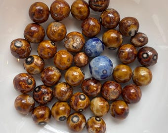 Antique Bennington Marbles, 39 Brown and Blue Stoneware, Approx. 1/2"