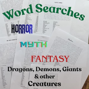 以下が含まれることがあります： ホラー、神話、ファンタジーなどのテーマの単語検索パズル。 「Word Searches」、「Horror」、「Myth」、「Fantasy」の文字が目立つ。画像には「Dragons, Demons, Giants & other Creatures」というテキストも含まれています。