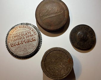 4 Vintage and/or Antique Metal Bottle & Jar Lids Chili Sauce, Chocolate Drink, Waterman’s Ink, Palmer Ink