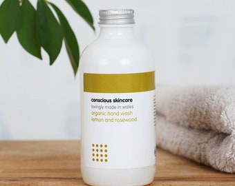 Organic Hand Wash in Uplifting  Lemon and Rosewood Fragrance - Liquid Hand Soap - Vegan - Chemical Free - Natural Soap - Gift