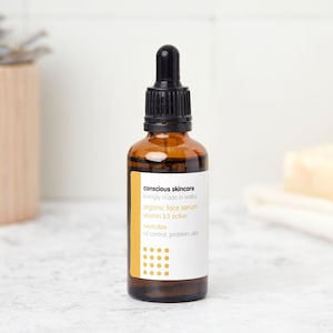 Organic Facial Serum for Oily & Problem Skin - Vegan - Frosted Glass Bottle - Natural Active Ingredients - 50ml / 5ml sample size