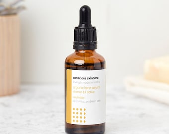Organic Facial Serum for Oily & Problem Skin - Vegan - Frosted Glass Bottle - Natural Active Ingredients - 50ml / 5ml sample size