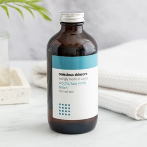 Enrich Organic Face Wash for Normal & Combination Skin - Natural Ingredients - Vegan - Amber Glass Bottle - Plastic Free - 235ml / 10ml