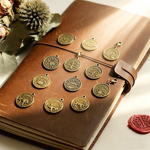 May include: A collection of bronze-colored zodiac charms with various astrological symbols. The charms are round and have a vintage aesthetic. They are displayed on a brown leather journal, suggesting a theme of personalization and spirituality.