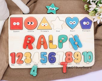 Rompecabezas de madera personalizado con nombre: formas y números, regalo para el primer cumpleaños