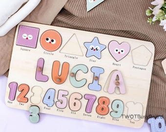 Rompecabezas de madera personalizado con nombre, regalo para niños y niñas, forma y número, regalo personalizado para bebés.