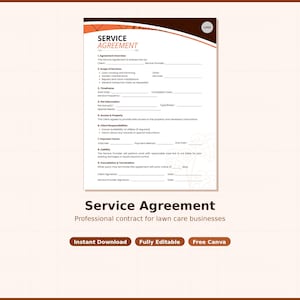 Op de afbeelding: Een serviceovereenkomst sjabloon met een witte achtergrond en bruine en oranje accenten. Het document bevat secties voor een overzicht van de overeenkomst, de reikwijdte van de diensten en de betalingsvoorwaarden. De tekst "Service Agreement" wordt prominent weergegeven.