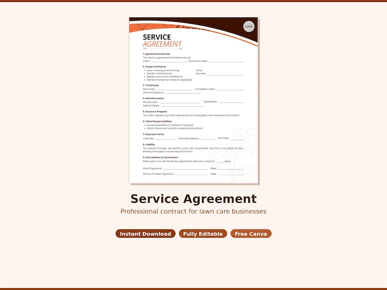 Op de afbeelding: Een serviceovereenkomst sjabloon met een witte achtergrond en bruine en oranje accenten. Het document bevat secties voor een overzicht van de overeenkomst, de reikwijdte van de diensten en de betalingsvoorwaarden. De tekst "Service Agreement" wordt prominent weergegeven.