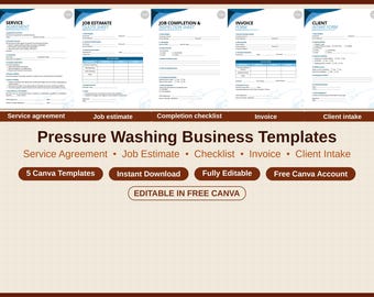 Pressure Washing Business Templates Canva | Service Agreement Job Estimate Invoice | Instant Download