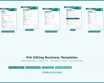 Zakelijke sjablonen voor dierenoppas Canva | Serviceovereenkomst Intakeformulier Factuur | Bewerkbare directe download