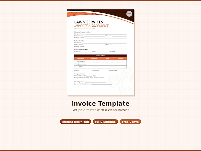 Zakelijke sjablonen voor tuinonderhoud klusjesman Canva | Serviceovereenkomst voor opdrachtgeschatte factuur | Direct downloaden afbeelding 4