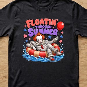Retro Floatin Through Summer Scary Clown Funny Horror, Red Balloon Pool Float Tshirt Design, Halloween Summer Vibes Clipart, Sublimazione PNG
