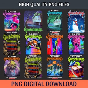 May include: A collection of twelve digital illustrations featuring R.L. Stine's Goosebumps book covers, including titles like Attack of the Mutant, One Day at Horrorland, and The Haunted Mask, displayed in a grid format with vibrant, detailed horror-themed artwork.