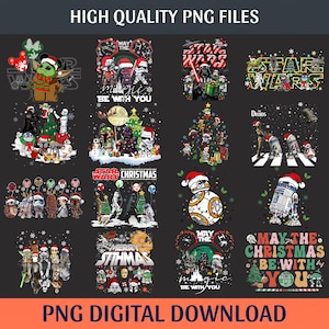 May include: A collection of digital graphic designs featuring Star Wars characters in Christmas-themed scenes, including Grogu, Darth Vader, and droids wearing Santa hats, with text elements like May The Magic Be With You and Merry Sithmas.