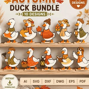 May include: A digital collection of 10 autumn duck designs featuring white ducks in various seasonal outfits, including hats, scarves, and holding items like pumpkins, leaves, and lanterns. The text reads Autumn Duck Bundle 10 Designs.