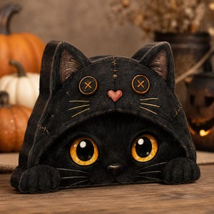 May include: A black cat figurine wearing a hood with stitched details, two orange button eyes, and a small pink heart. The cat has large, bright yellow eyes and two front paws resting forward, crafted with a textured, dark finish.