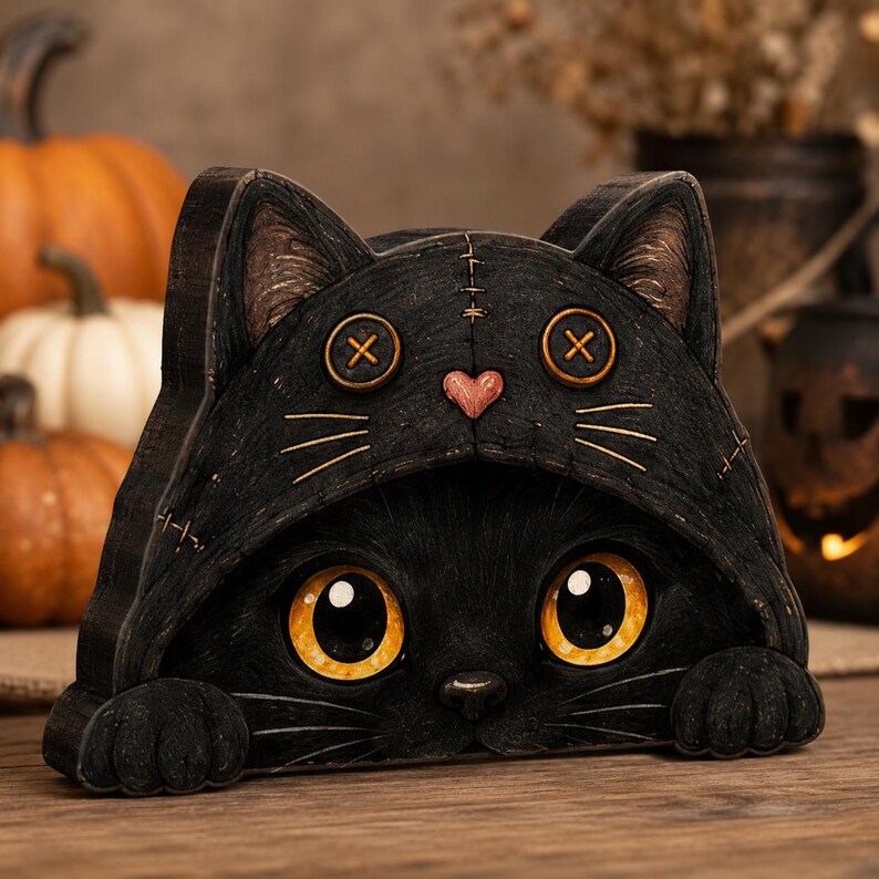 May include: A black cat figurine wearing a hood with stitched details, two orange button eyes, and a small pink heart. The cat has large, bright yellow eyes and two front paws resting forward, crafted with a textured, dark finish.