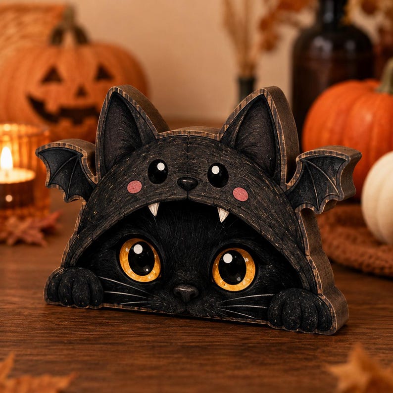 May include: A black cat figurine wearing a bat-themed hood with small wings, pointed ears, and pink cheeks. The cat has large, bright orange eyes, visible white fangs, and two front paws resting at the base of the dark, textured wooden structure.