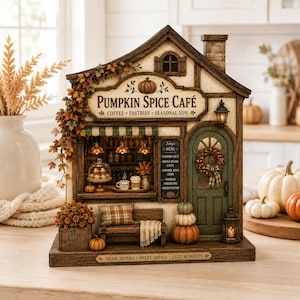 May include: A decorative tabletop Pumpkin Spice Café building featuring a sign with the text PUMPKIN SPICE CAFÉ, COFFEE, PASTRIES, SEASONAL SIPS, and WARM DRINKS, SWEET TREATS, COZY MOMENTS. The structure includes a green door, a bench, and pumpkins.
