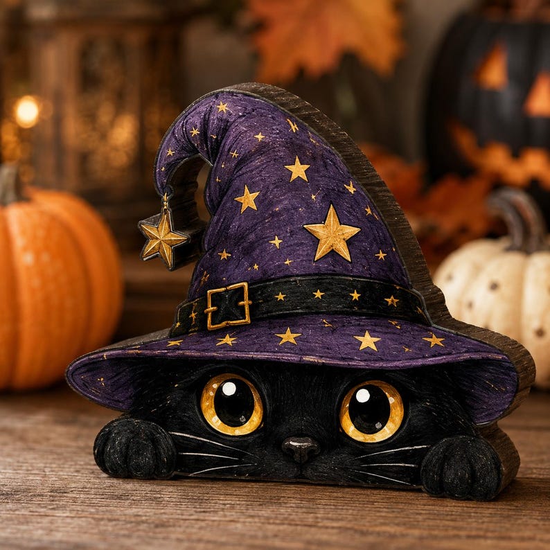 May include: A black cat figurine wearing a purple witch hat decorated with gold stars and a black belt with a gold buckle. The cat has large, bright yellow eyes and its front paws are visible at the base of the hat, creating a peek-a-boo effect.