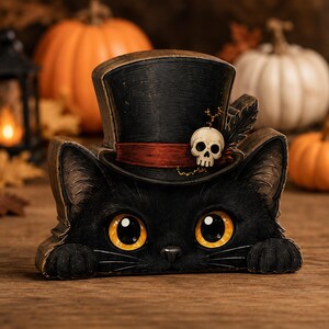 May include: A black cat figurine with large yellow eyes and two front paws visible. The cat wears a black top hat featuring a red band, a small white skull emblem, and a dark feather accent. The object has a textured finish with gold highlights.