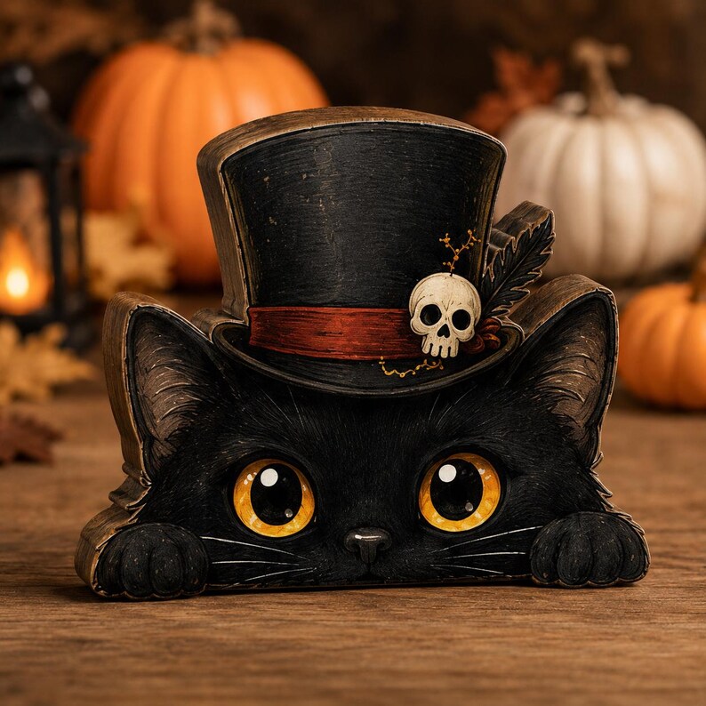 May include: A black cat figurine with large yellow eyes and two front paws visible. The cat wears a black top hat featuring a red band, a small white skull emblem, and a dark feather accent. The object has a textured finish with gold highlights.