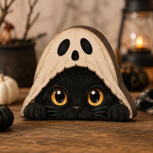 May include: A decorative figurine of a black cat with large amber eyes peeking out from under a cream-colored ghost costume hood. The cat has two small paws visible at the bottom edge, and the ghost hood features a painted black ghost face design.