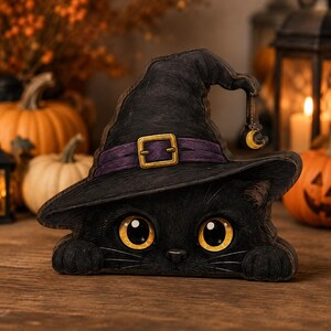 May include: A black cat figurine wearing a pointed black witch hat with a purple band, a gold buckle, and a small gold crescent moon charm hanging from the brim. The cat has large, bright yellow eyes and its front paws are visible at the base.