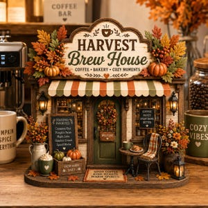 May include: A miniature Harvest Brew House coffee shop display featuring a sign with the text Harvest Brew House, Coffee, Bakery, Cozy Moments. The structure is decorated with autumn leaves, pumpkins, a welcome sign, and a menu board listing seasonal favorites.