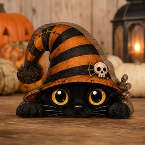 May include: A decorative figurine of a black cat with large yellow eyes peeking out from under a striped orange and black pointed hat. The hat features a small white skull emblem on the side and a textured pom-pom at the tip of the curved brim.