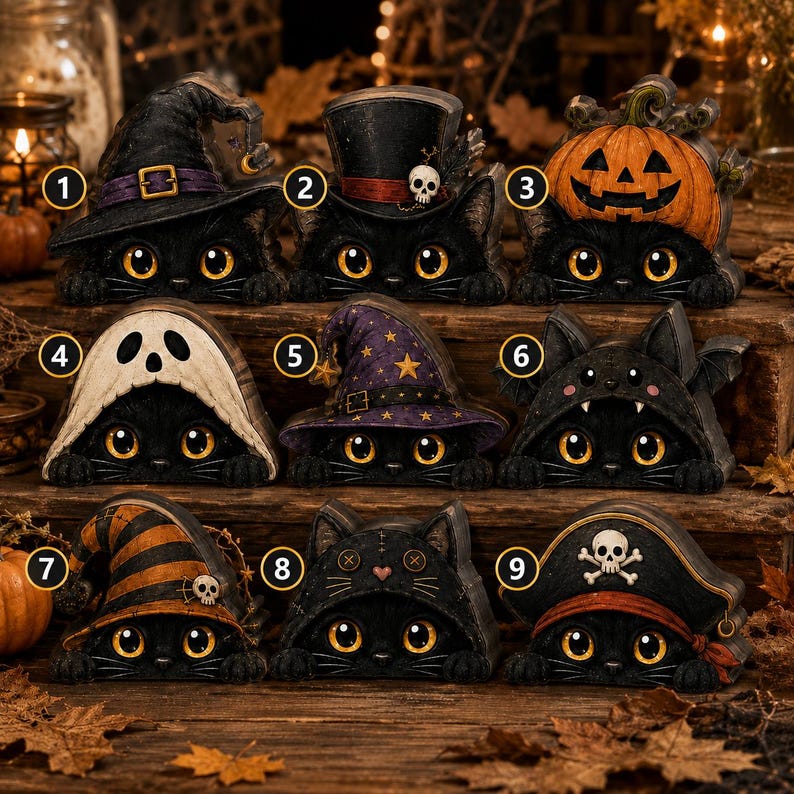 May include: A collection of nine black cat figurines, each wearing a different Halloween-themed headpiece including a witch hat, top hat with skull, pumpkin, ghost hood, star-patterned hat, bat wings, striped hat, stitched hood, and pirate hat.