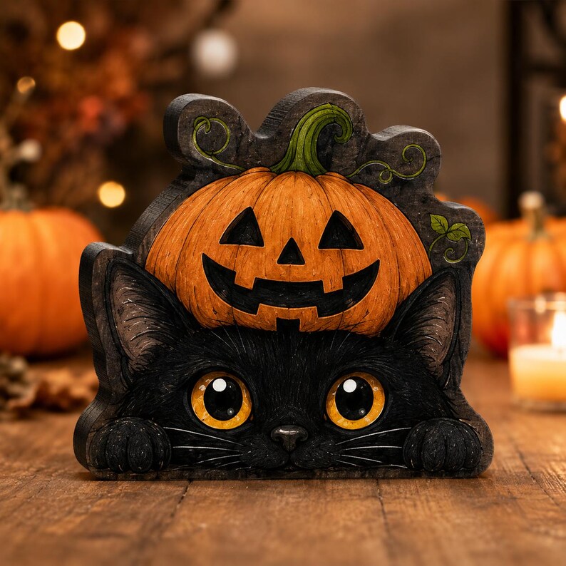 May include: A decorative wooden cutout featuring a black cat with large yellow eyes and paws resting below a carved orange jack-o'-lantern pumpkin. The design includes a green stem and vine details against a dark, textured background.