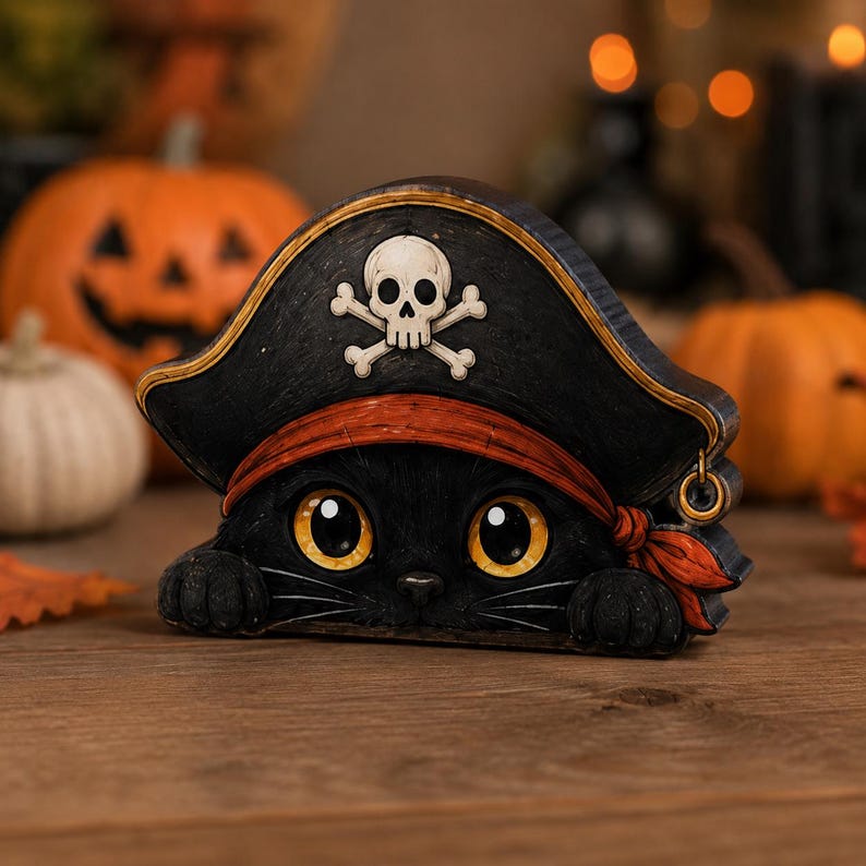 May include: A black cat figurine wearing a black pirate hat with a white skull and crossbones emblem. The cat has large yellow eyes and two black paws visible at the base. An orange bandana is tied around the hat, and a small gold hoop earring hangs from the side of the hat brim.