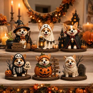 May include: Six decorative Corgi figurines dressed in Halloween costumes, including a witch with a broom, a ghost with a lantern, a vampire, a skeleton, a pumpkin, and a mummy, all displayed on individual circular wooden bases with festive accents.