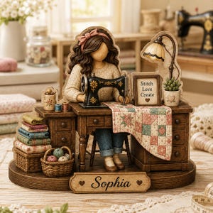 May include: A decorative figurine of a person with long brown hair and a pink headband sitting at a wooden desk with a black sewing machine. The desk features a quilt, a lamp, a sign reading Stitch Love Create, and a nameplate labeled Sophia.