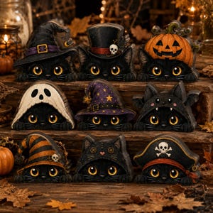 May include: A collection of nine black cat figurines, each wearing a different Halloween-themed hat or costume, including a witch hat, top hat with skull, pumpkin, ghost sheet, star-patterned wizard hat, bat wings, striped hat, and pirate hat.