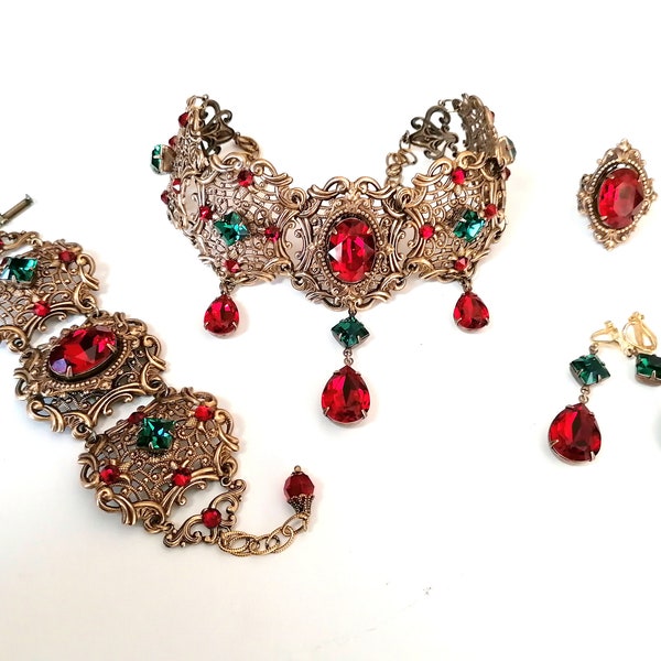 RESERVED for Momoko - Brass Jewelry Set with Red Siam and Emerald Swarovski crystals