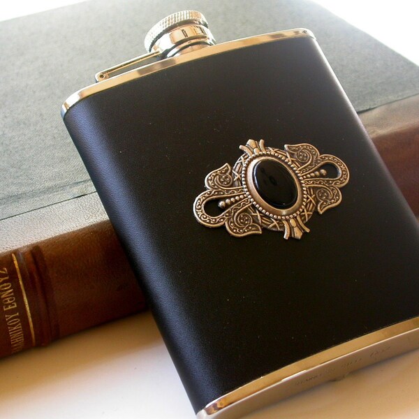 Black Leather Hip Flask  6 oz - Black Onyx and Silver Ornaments