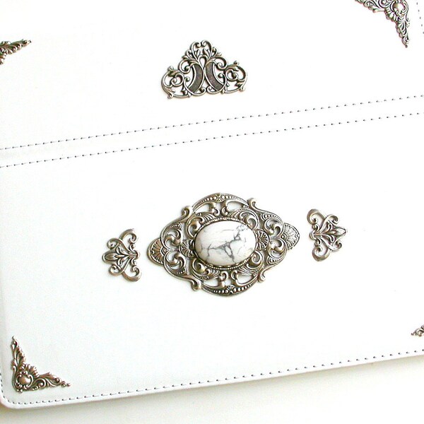 White  iPad 4 - iPad 3 Case -  Victorian Style - New iPad Cover with  Howlite Gemstone Cabochon