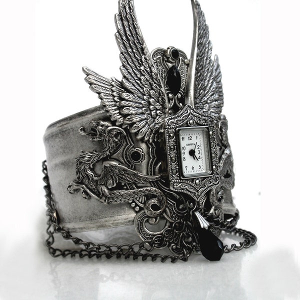 Gothic Steampunk Cuff Watch - Men Women Silver Wrist Watch - Gothic Jewelry