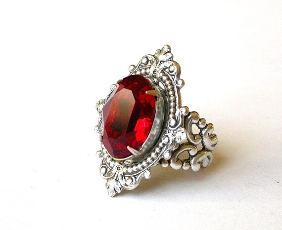 Red Swarovski Cocktail Ring Crystal Victorian Silver Bridal | Etsy