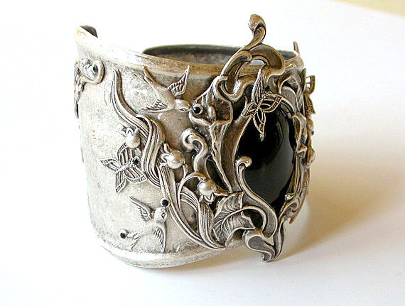 Large Silver Cuff Black Onyx Silver Cuff Bracelet Art Nouveau | Etsy