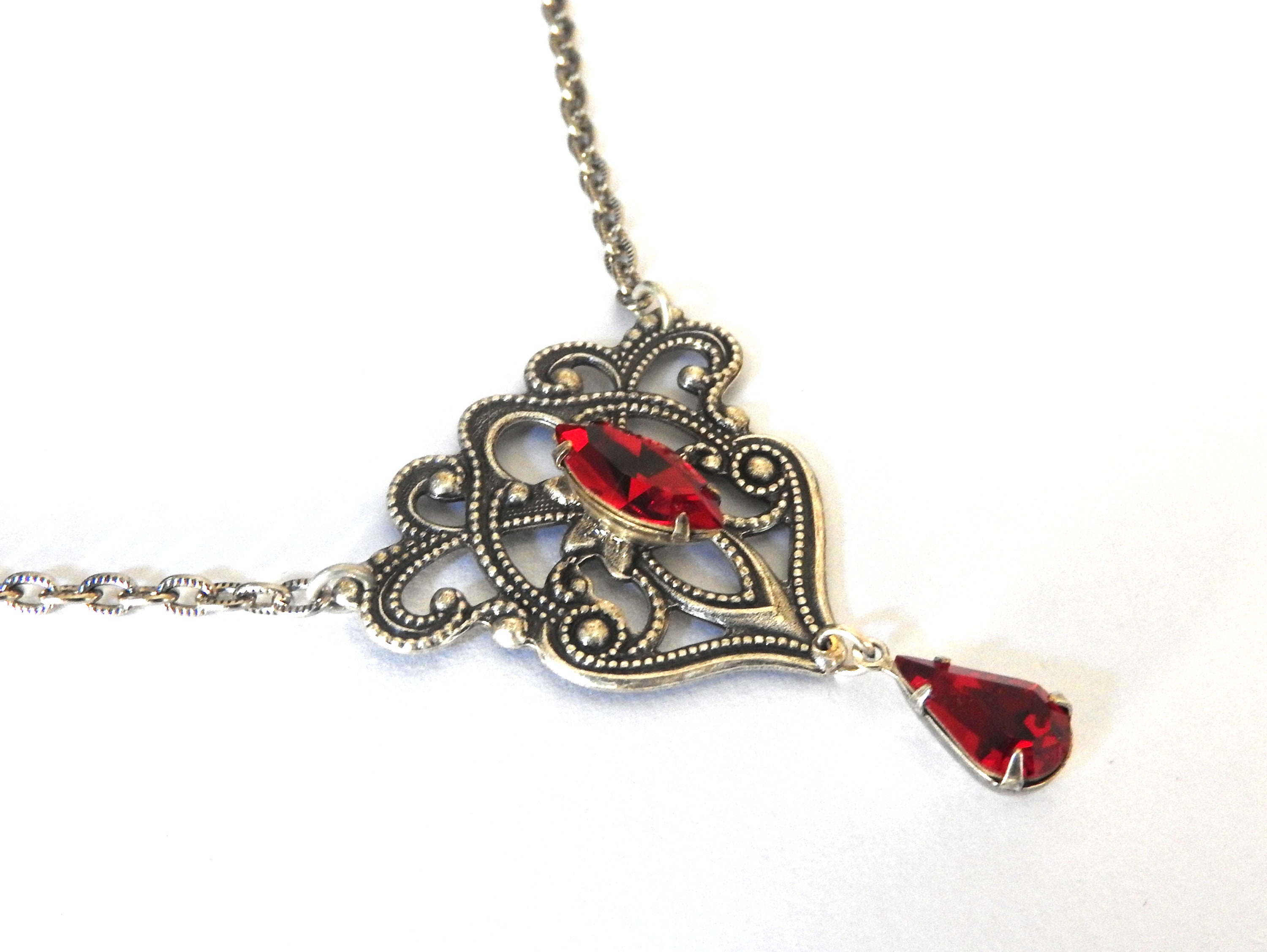 Victorian Gothic Necklace Red Swarovski Crystal Pendant Silver | Etsy