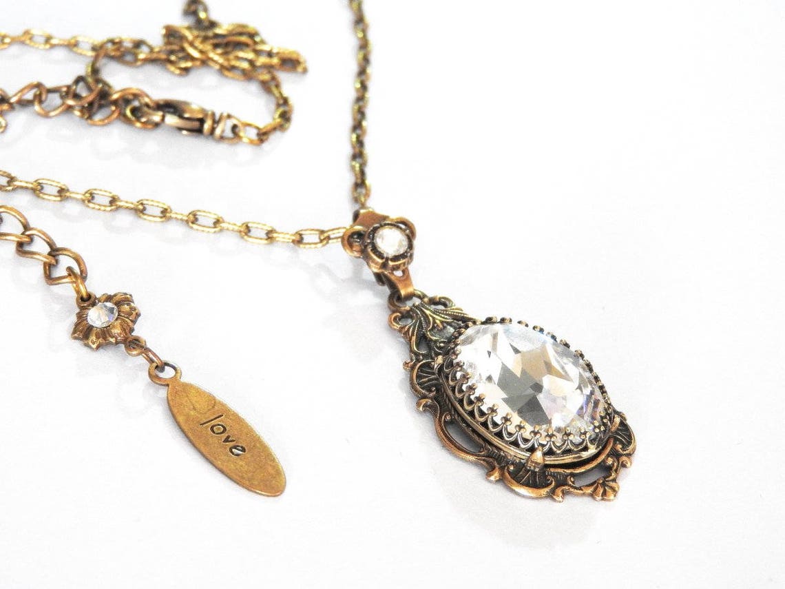 Victorian Bridal Jewelry Set Necklace Earrings Brass And Clear Etsy 3033