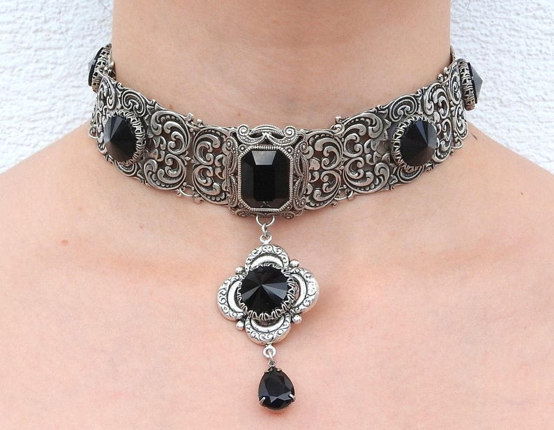 Black Gothic Choker Necklace Silver Gothic Jewelry Black Etsy