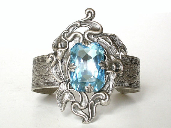 Aquamarine Swarovski Crystal Silver Bracelet Floral Silver | Etsy