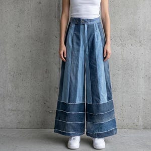 Upcycling Denim Patchwork Hose – Handgefertigte Wide Leg Jeans im Obelix Style, Palazzo Streifen-Hose Damen/Herren Boho Skater Jeans Unikat