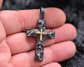 Sterling Silver Cross Pendant: Gold Accents, Boho Rustic Style