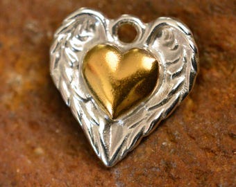 Colgante de plata de ley 925 con forma de corazón y alas de ángel – Collar estilo bohemio rústico con detalles dorados