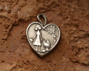 Colgante de plata de ley para madre e hijo: Corazón rústico bohemio